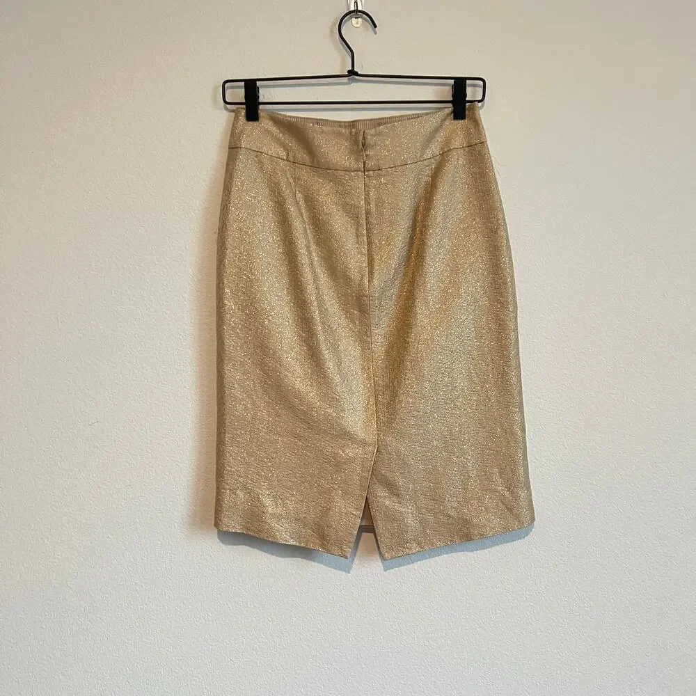 J.Crew Gold Silk Blend Pencil Skirt 0 Retro Glamour Sophisticated Chic Casual